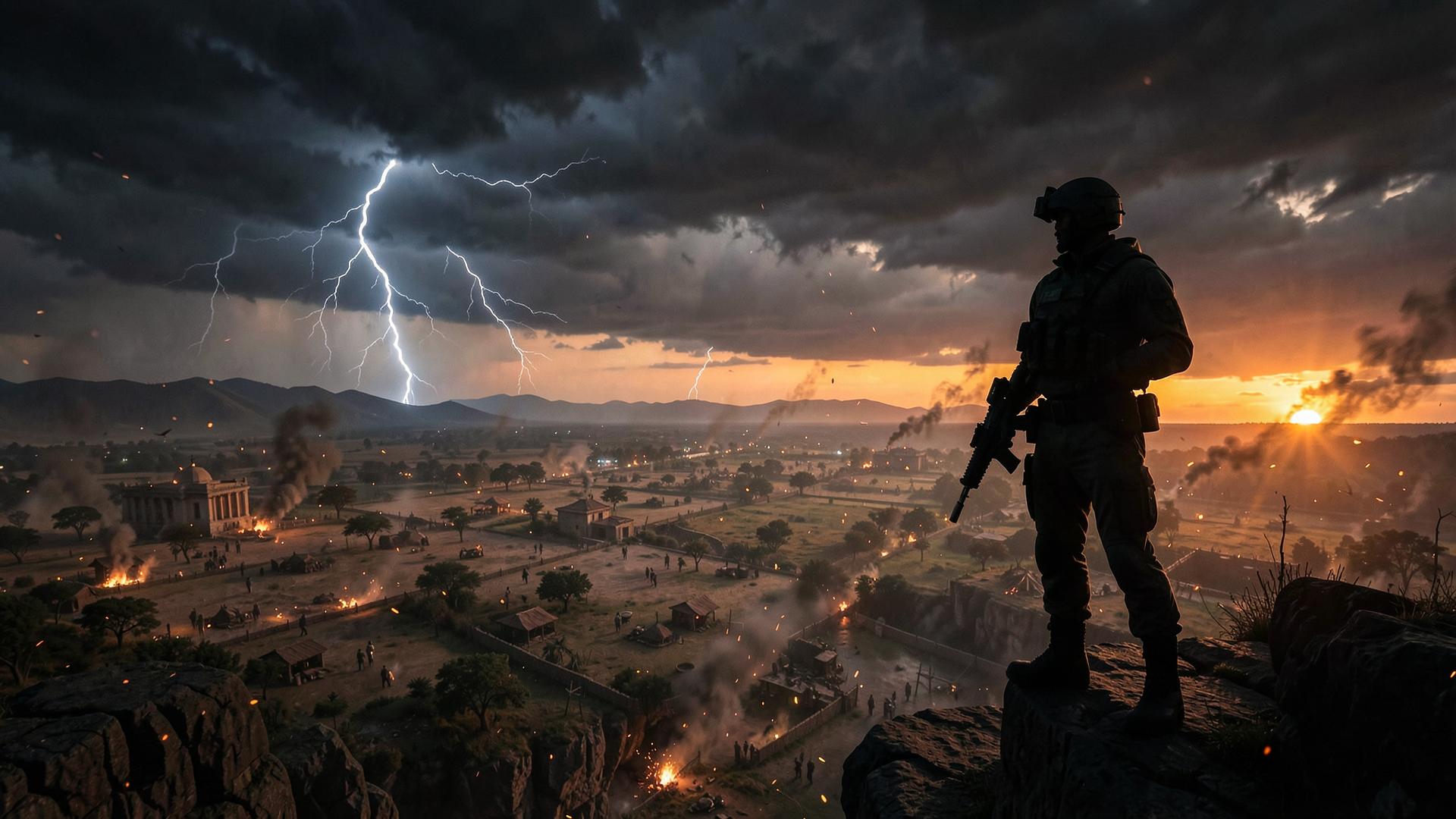 Lone operator overlooking the Bharat Varsa valley under a storm