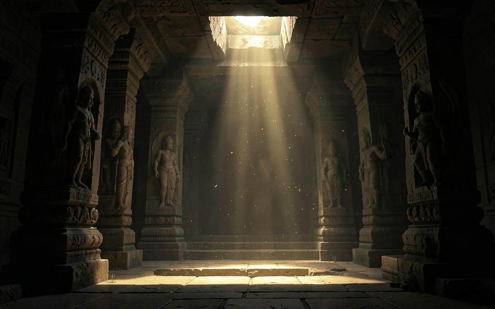 Ancient Indian temple hall lit by a single shaft of light